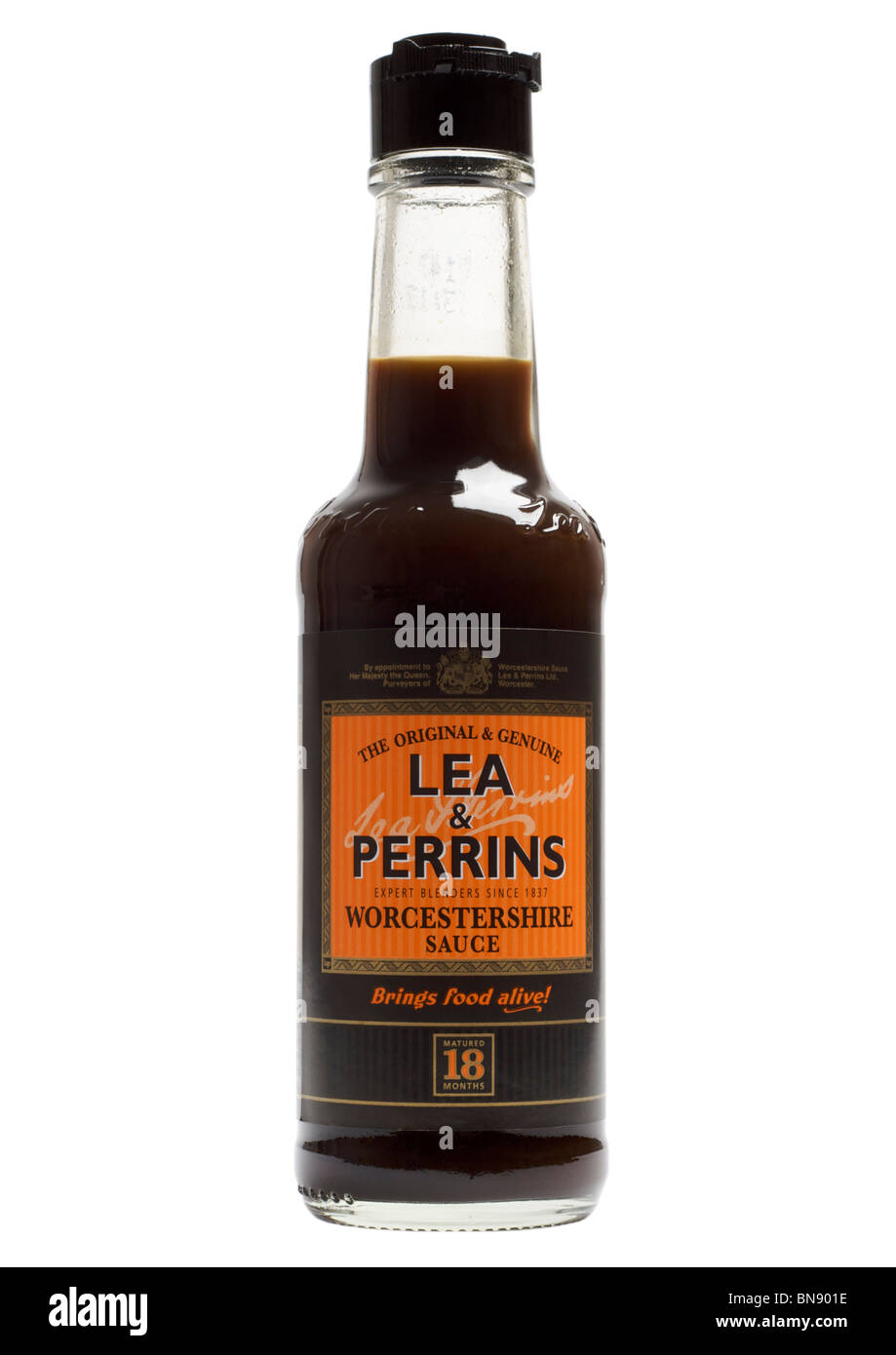 Bottle of Lea and Perrins Worcestershire sauce on white background