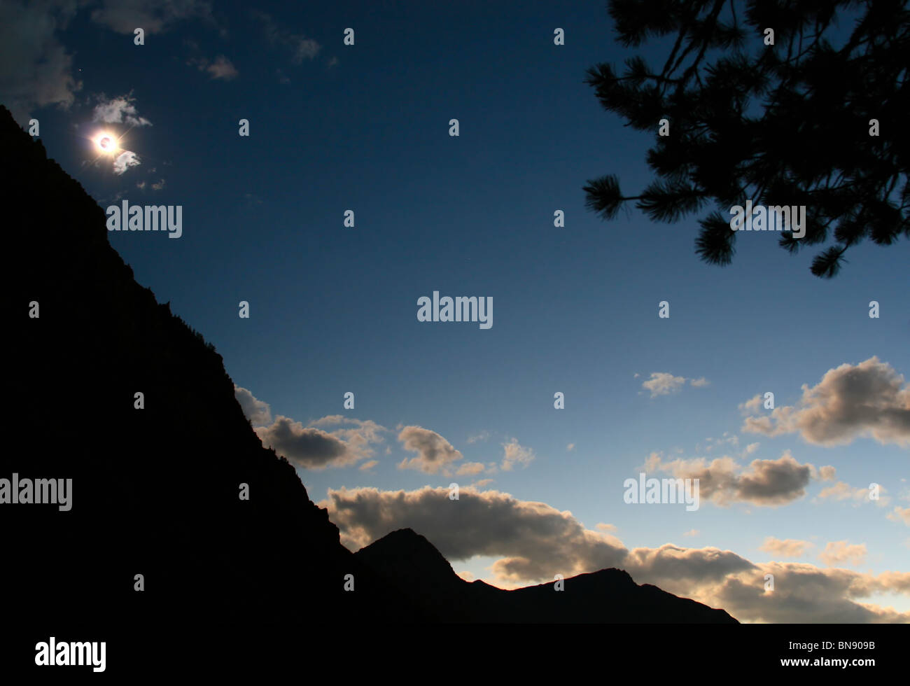 Mountain silhouette in time of the total Solar eclipse Stock Photo