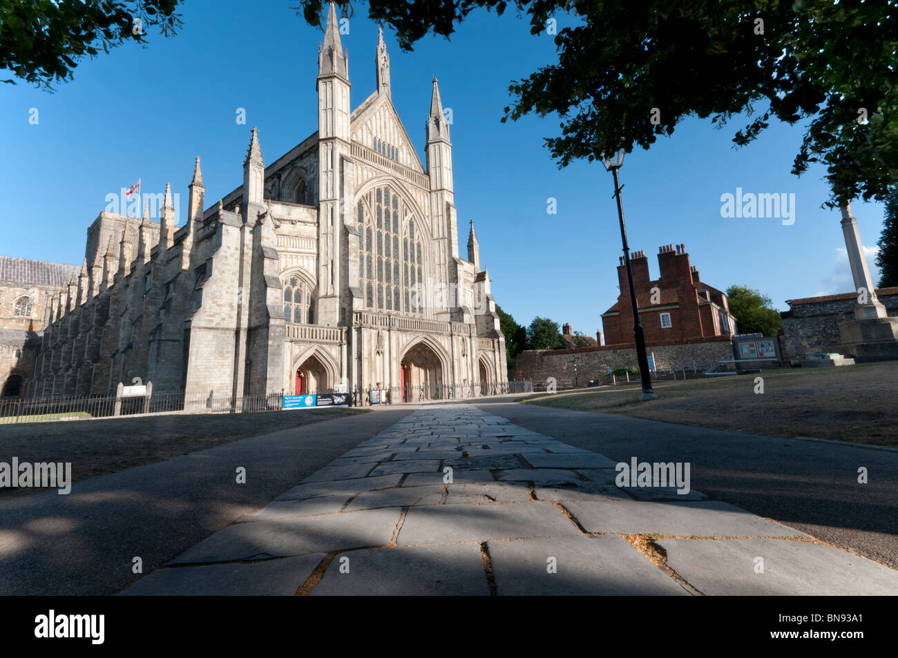 Winchester Cathedral West door in summer Stock Photo