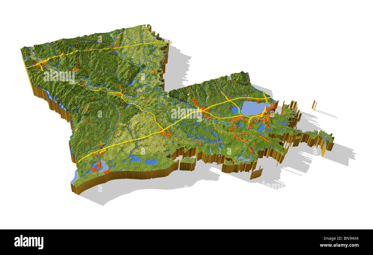 Louisiana, 3D relief map cut out with urban areas and interstate highways. Stock Photo