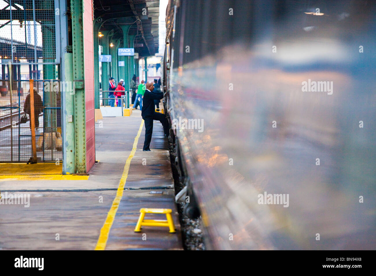 Conductor boarding an Amtrak Train Stock Photo Alamy