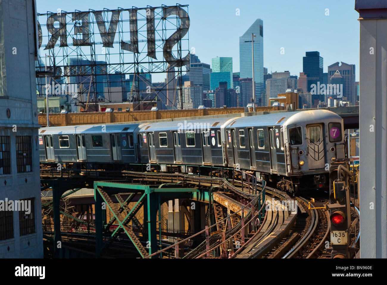 Train above ground on the 7 subway line in Queens, New York Stock Photo ...