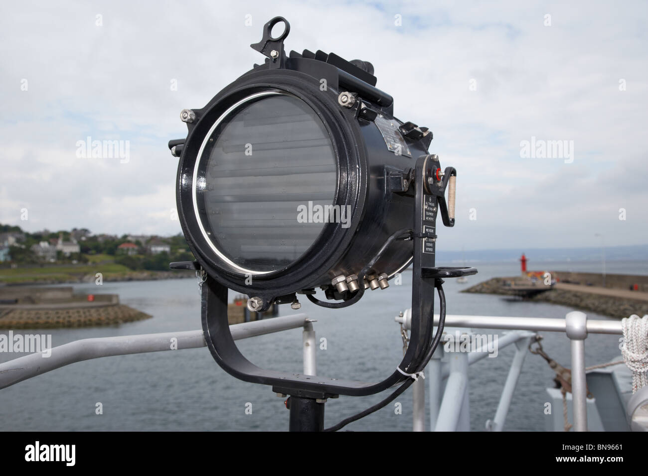 signal lamp or aldis lamp for morse code signalling aboard HMS Bangor Stock Photo