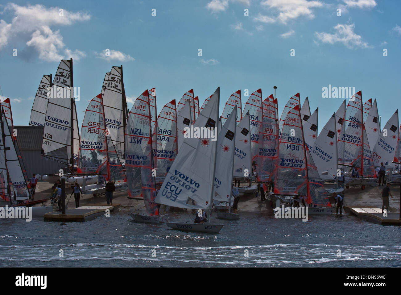 Aarhus, Denmark  VM Dinghy race 2008 (1). Lots of sailboats. Horizontal Stock Photo