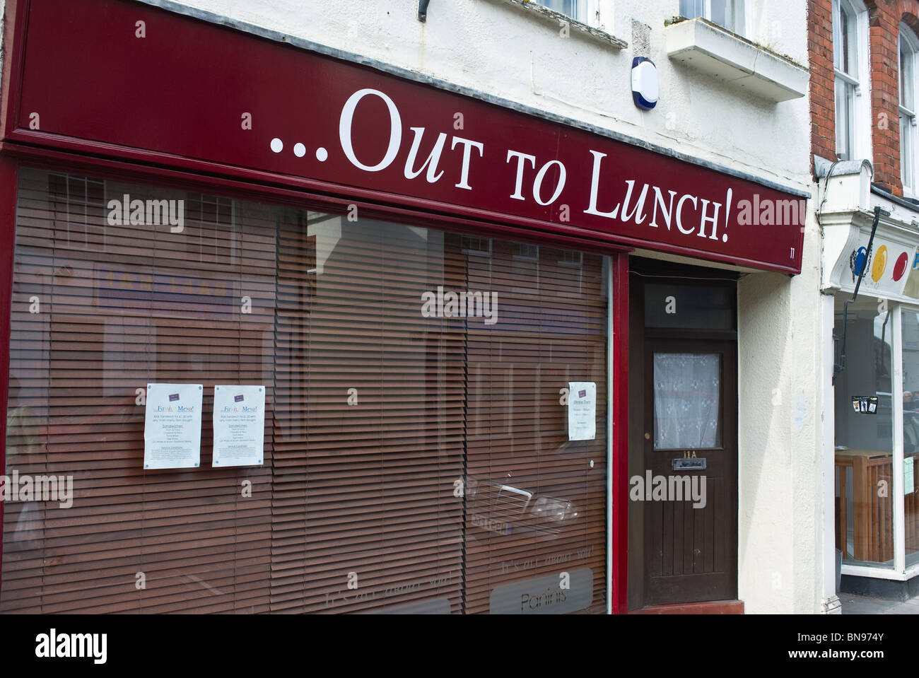 Shop "Out To Lunch" with drawn shutters Stock Photo