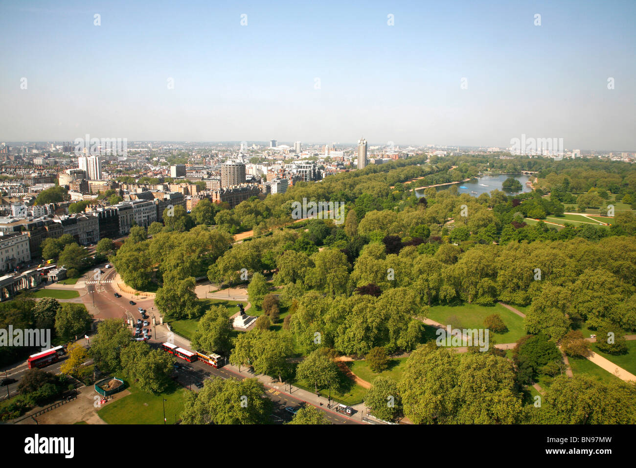 Elevated view of Hyde Park and Park Lane looking west towards Knightsbridge and Kensington, London, UK Stock Photo