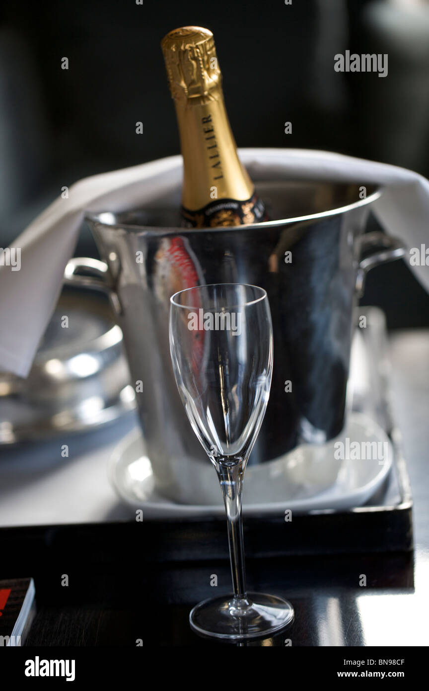Champagne bottle in ice bucket with glass Stock Photo Alamy
