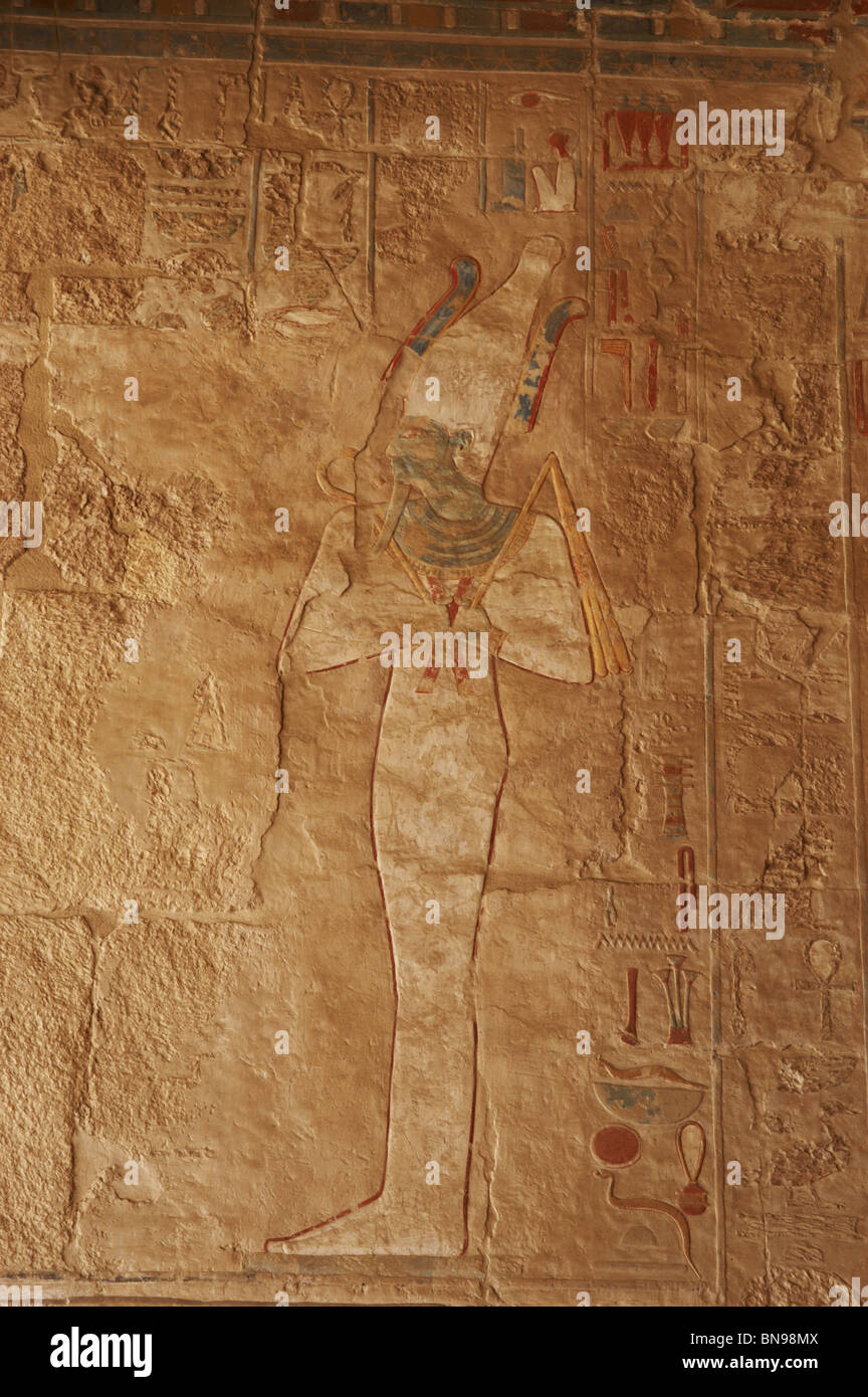 Polychrome relief of Osiris, god of Alterlife. Temple of Hatshepsut. New Kingdom. Eighteenth Dynasty. Egypt Stock Photo