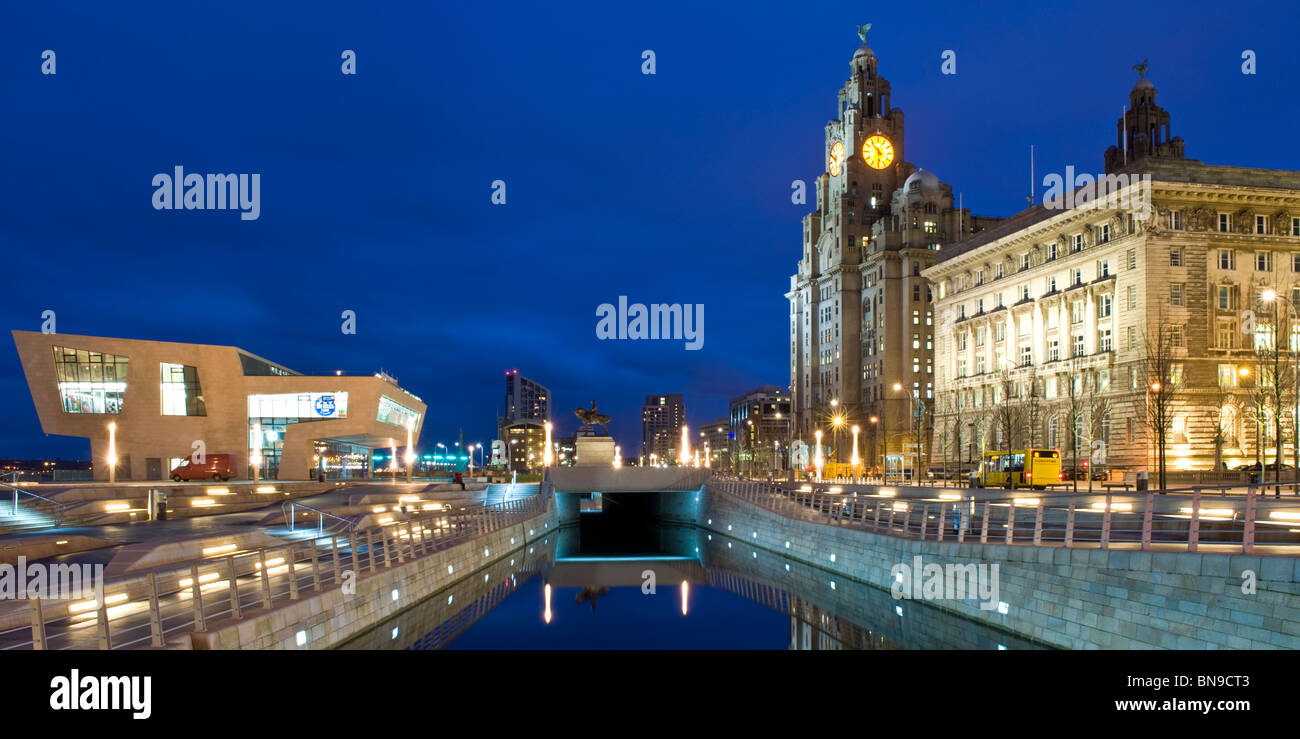 The Pier Head, New Ferry Terminal Building & Liver Building at Night, Pier Head, Liverpool, Merseyside, England, UK Stock Photo
