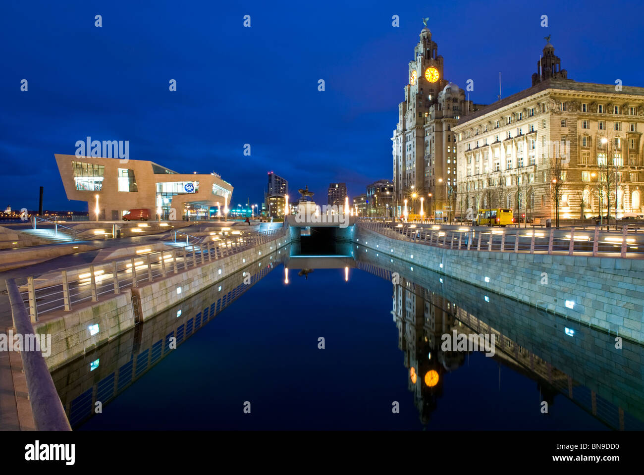 The Pier Head New Ferry Terminal Building & Liver Building at Night, Pier Head, Liverpool, merseyside, England, UK Stock Photo