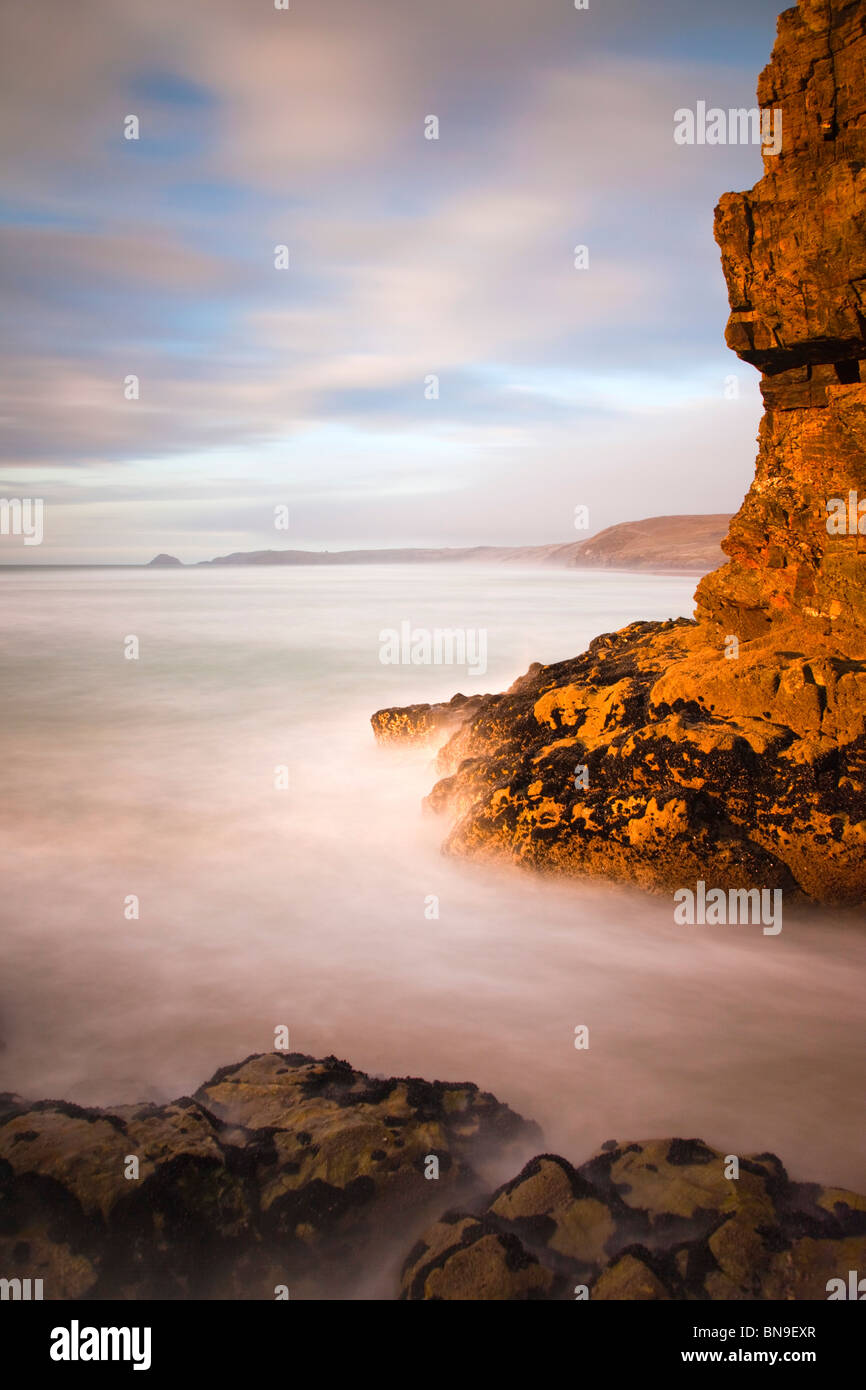 Perranporth; high tide; evening; Cornwall Stock Photo Alamy