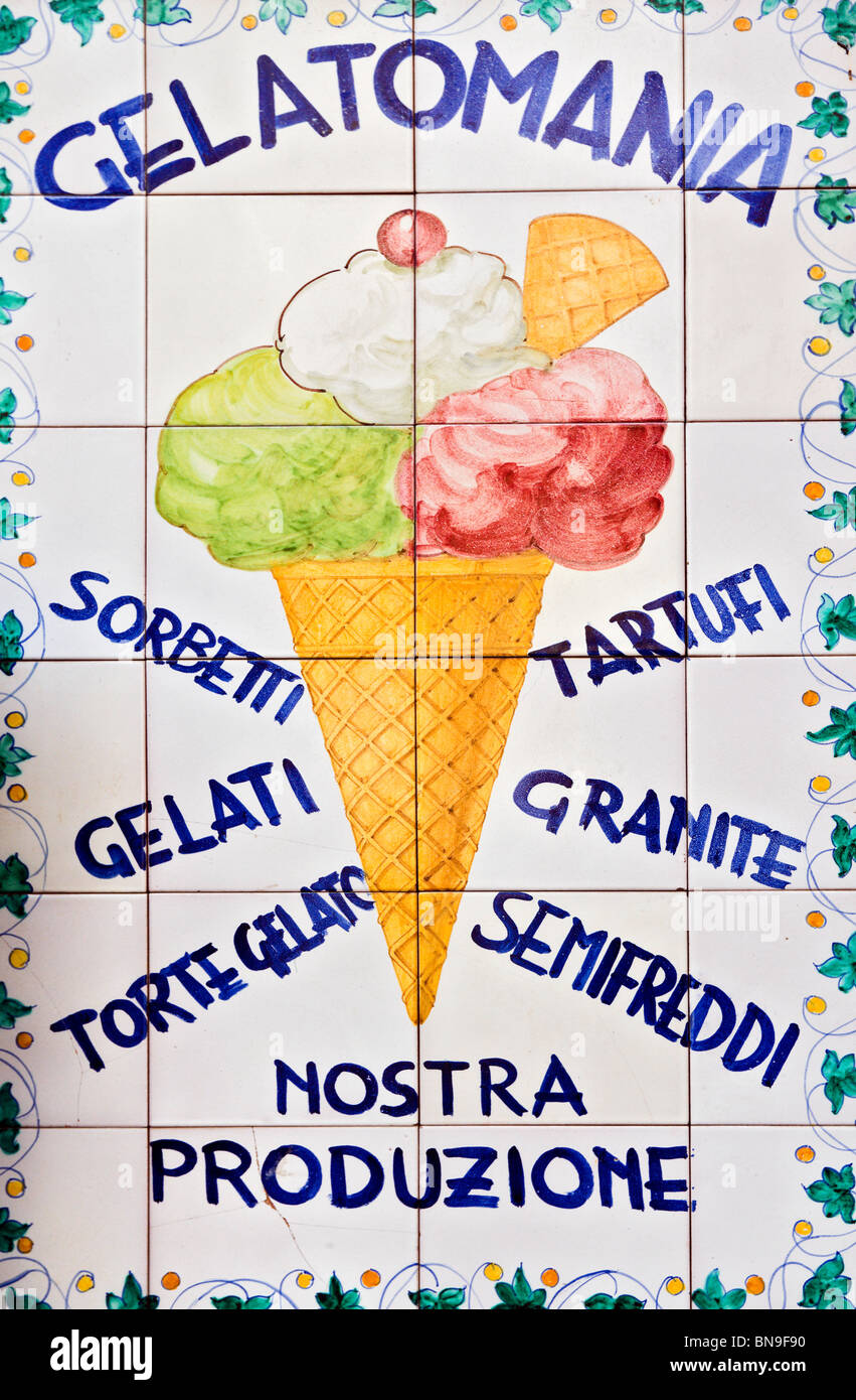 Sign outside an Ice Cream parlour on a street in the old town, Taormina, South East Coast, Sicily, Italy Stock Photo