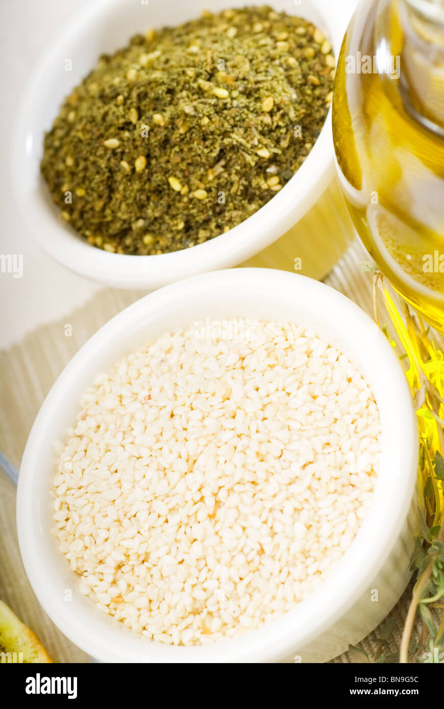 extra virgin olive oil and fresh herbs,thyme ,sesame seeds,and zaatar