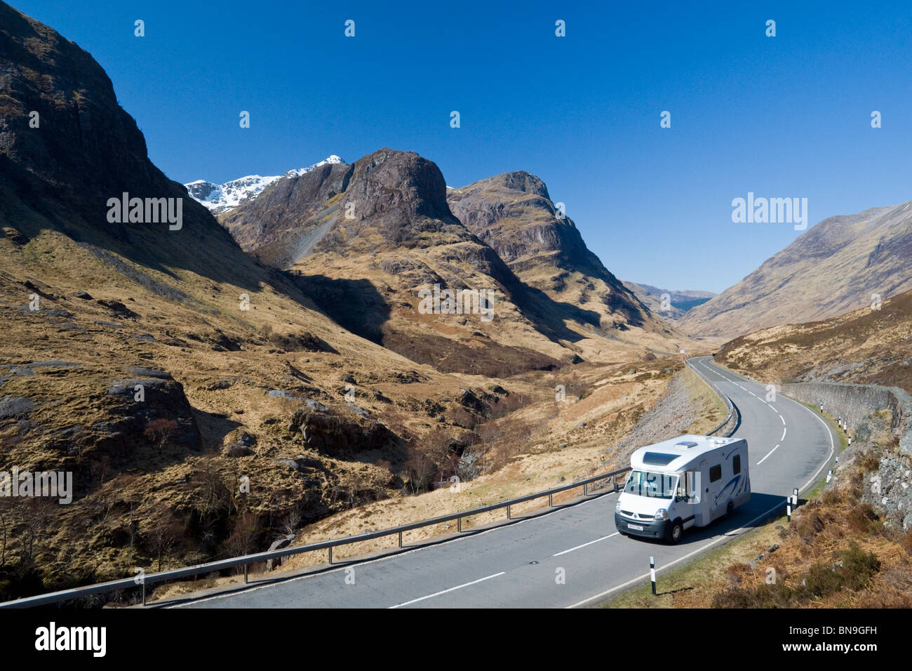 Motorhome travelling the road through Glencoe, Scottish Highlands, Scotland, UK Stock Photo