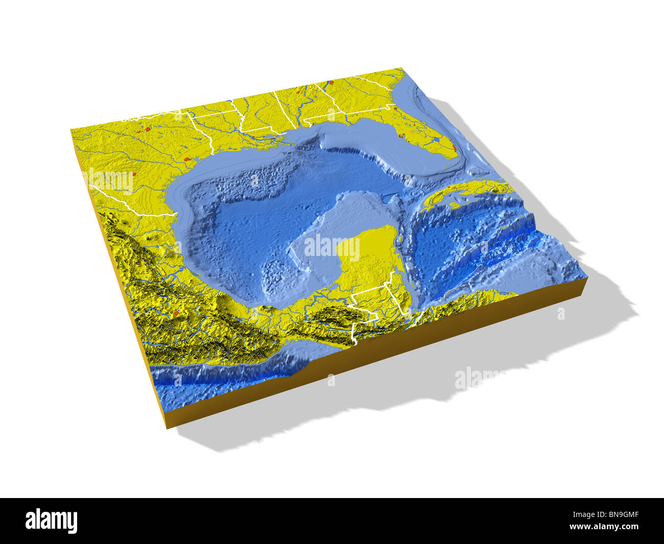 Gulf of Mexico, 3D relief map with urban areas and borders. Stock Photo