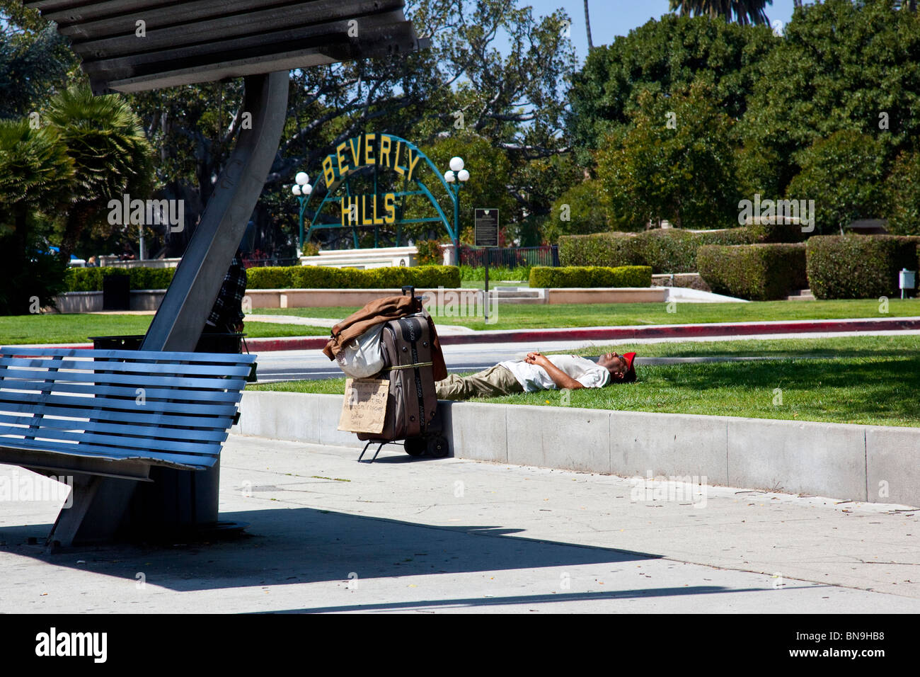 Homeless in Beverly Hills, Los Angeles, California Stock Photo