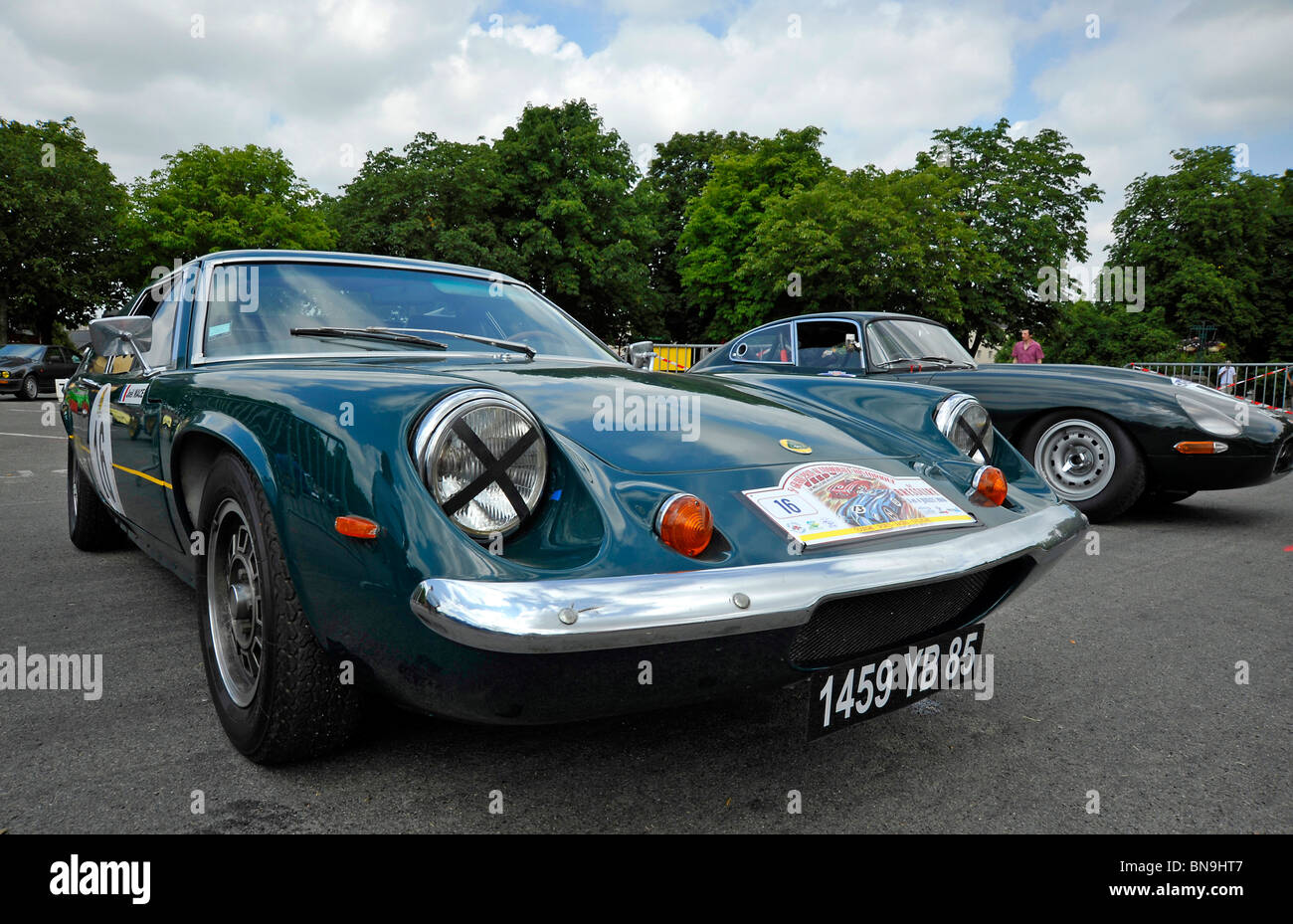 Classic cars Lotus Europe and E type Jag on display at Bressuire Deux-Sevres France Stock Photo
