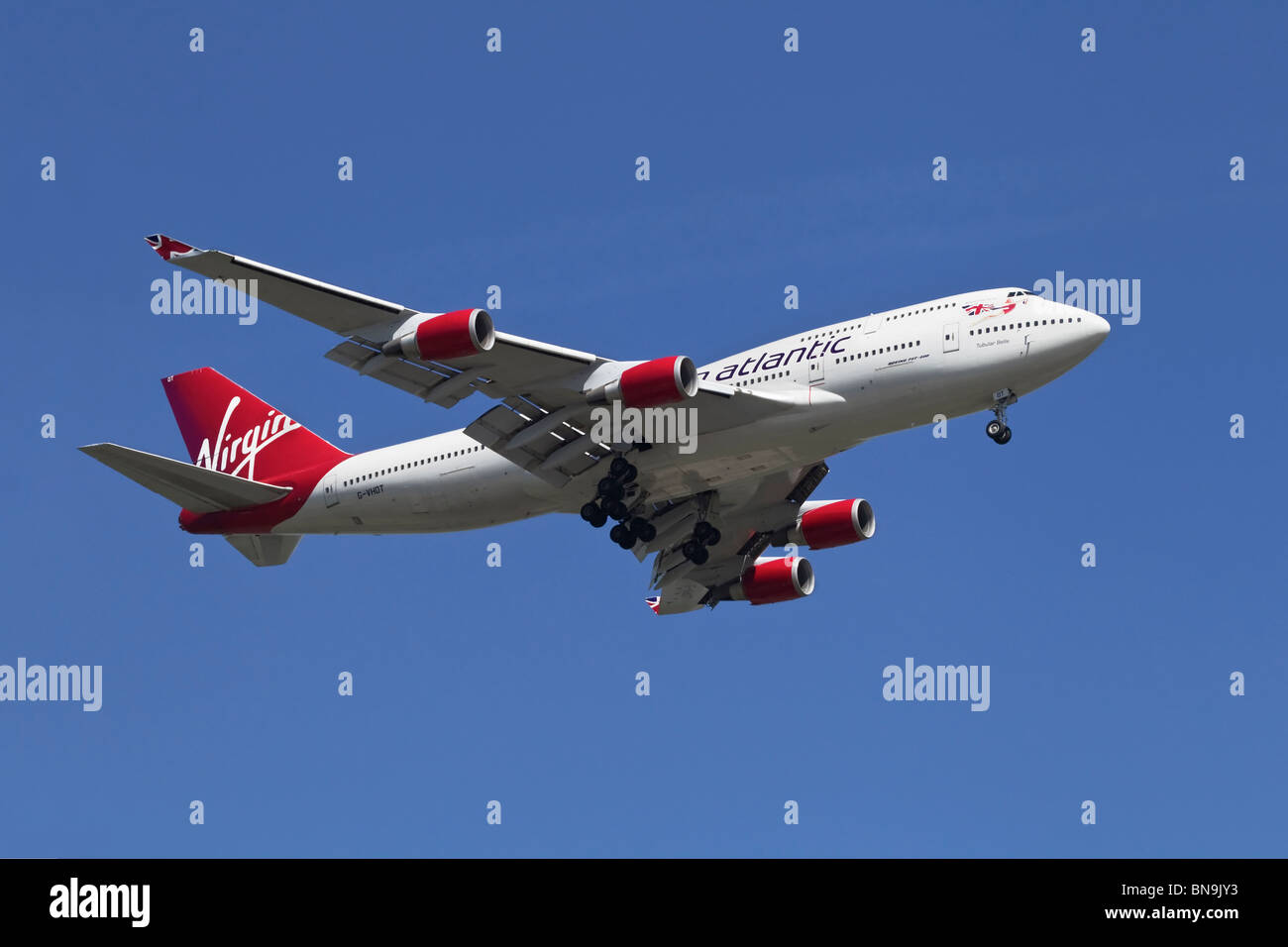 A Boeing B747 of the UK airline Virgin Atlantic Airways on final approach Stock Photo