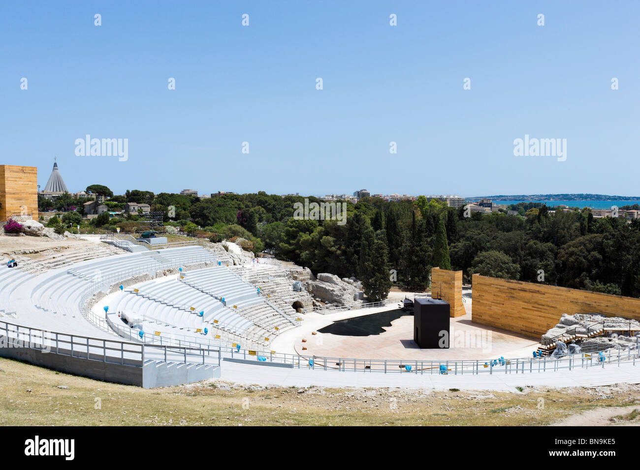 The Greek Theatre (Teatro Greco) set up for a seasonal performance, Parco Archeologico della Neapolis, Syracuse, Sicily, Italy Stock Photo