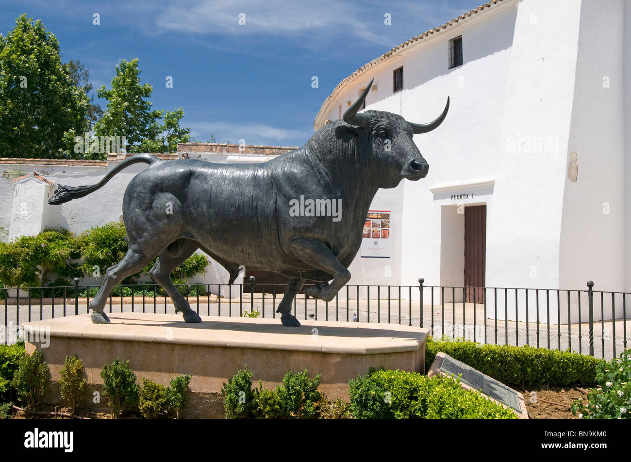 Bronze Bull statue outside The Bullring - Real Maestranza in Ronda, Western province of Malaga, Andalusía, Spain Stock Photo