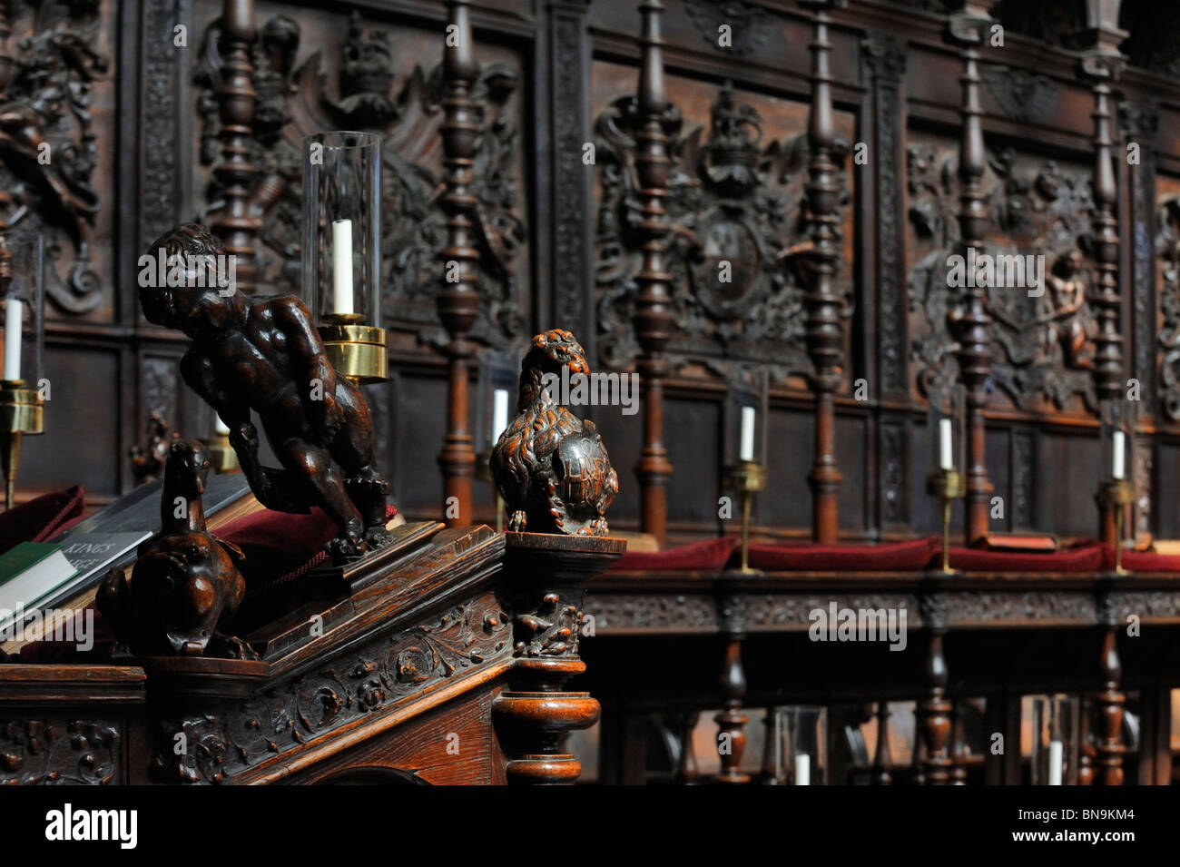 Carved detail on the choir stalls of Kings College Chapel Cambridge