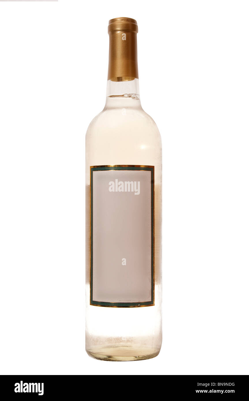 Brand new wine bottle with wine inside with a blank label. Stock Photo