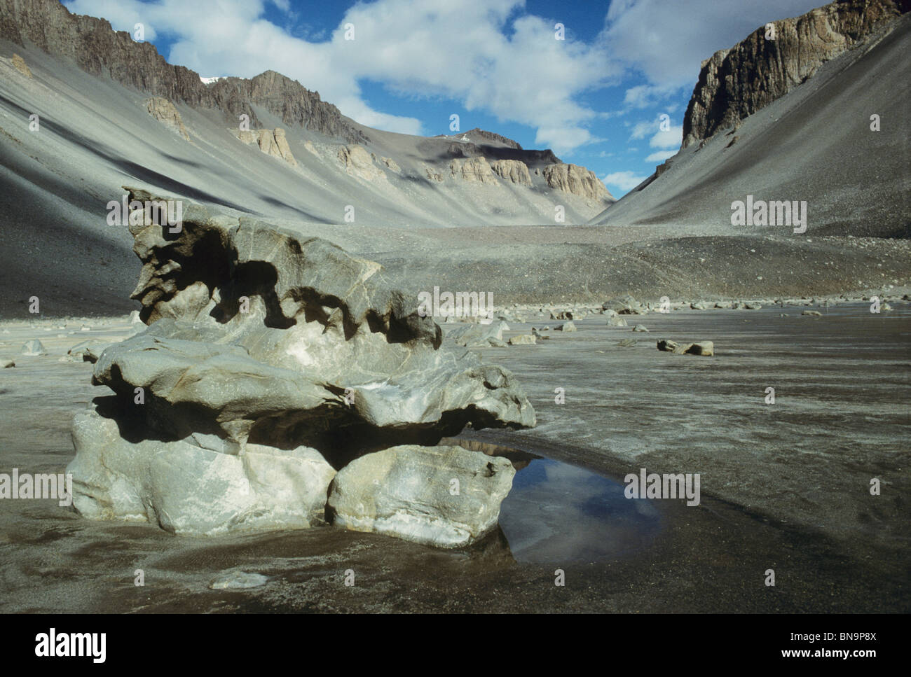Antarctica, Wright Valley, Dry Valleys, Don Juan Pond, wind carved rock, (ventifact). Stock Photo