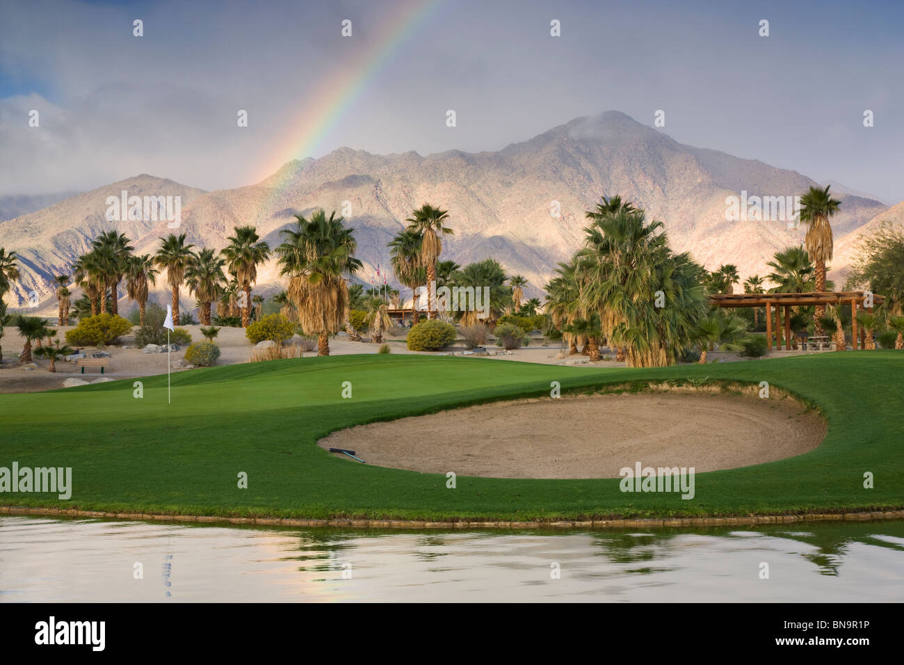 A rainbow at The Springs at Borrego RV Resort and Golf Course, Borrego Springs, California. Stock Photo