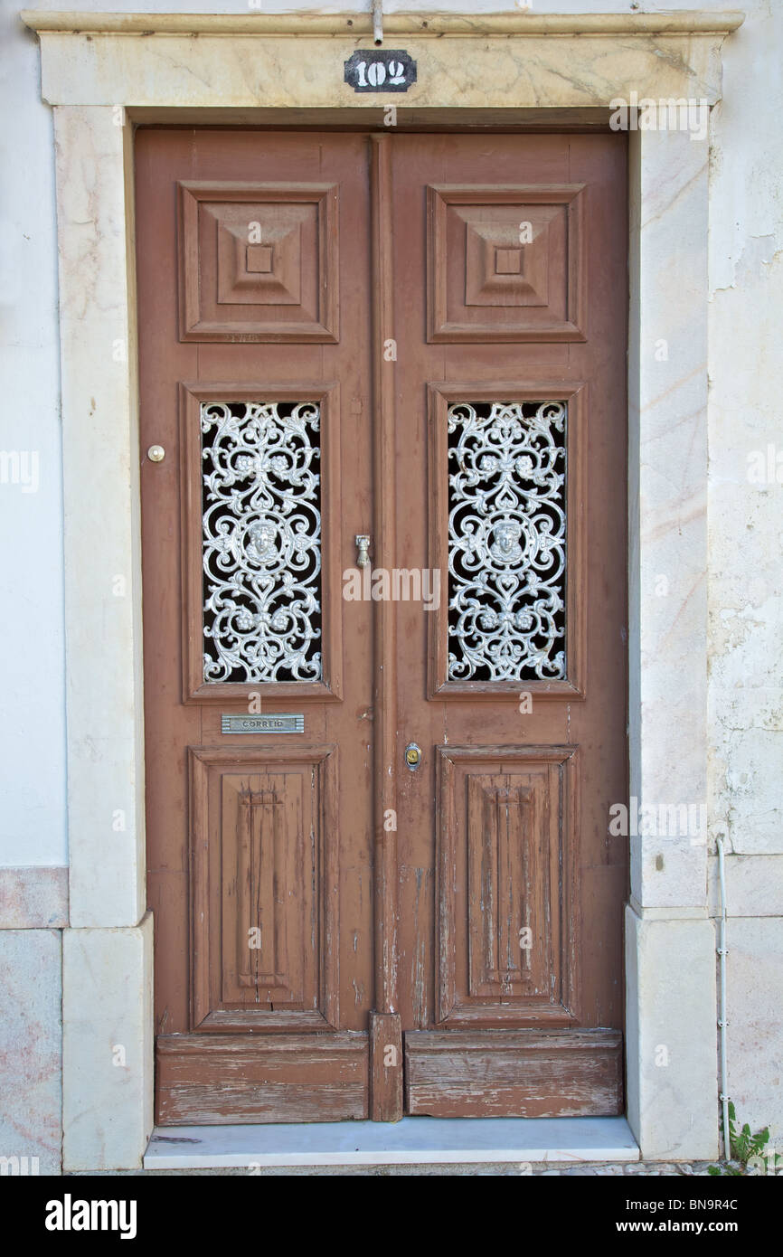 Rustic Brown Wood Door of the Medieval Village of Estremoz Stock Photo