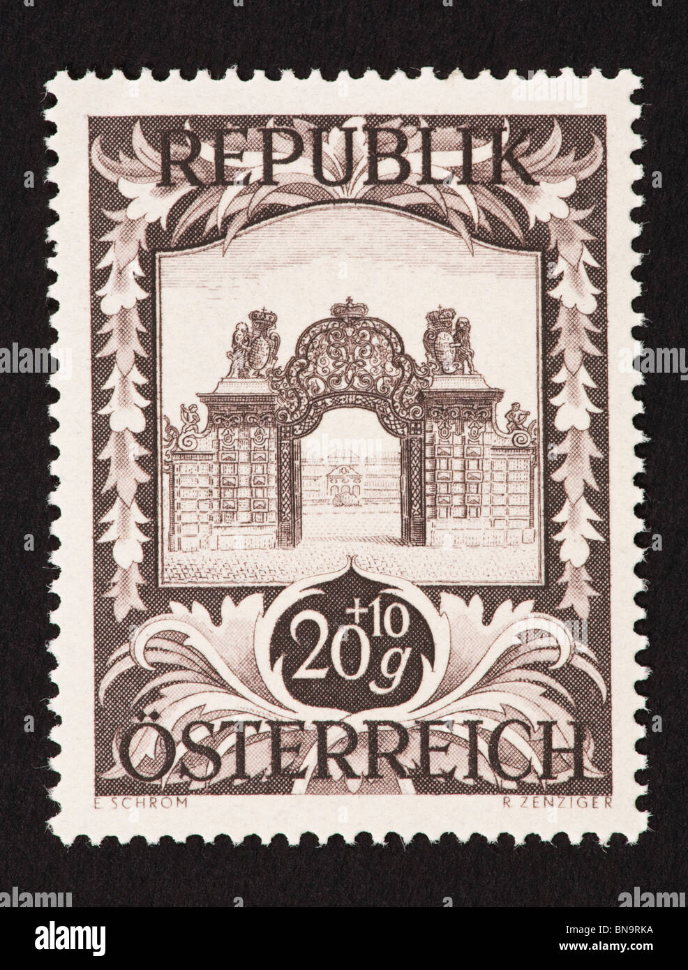 Postage stamp from Austria depicting the Entrance Gate at Upper Belvedere Palace. Stock Photo