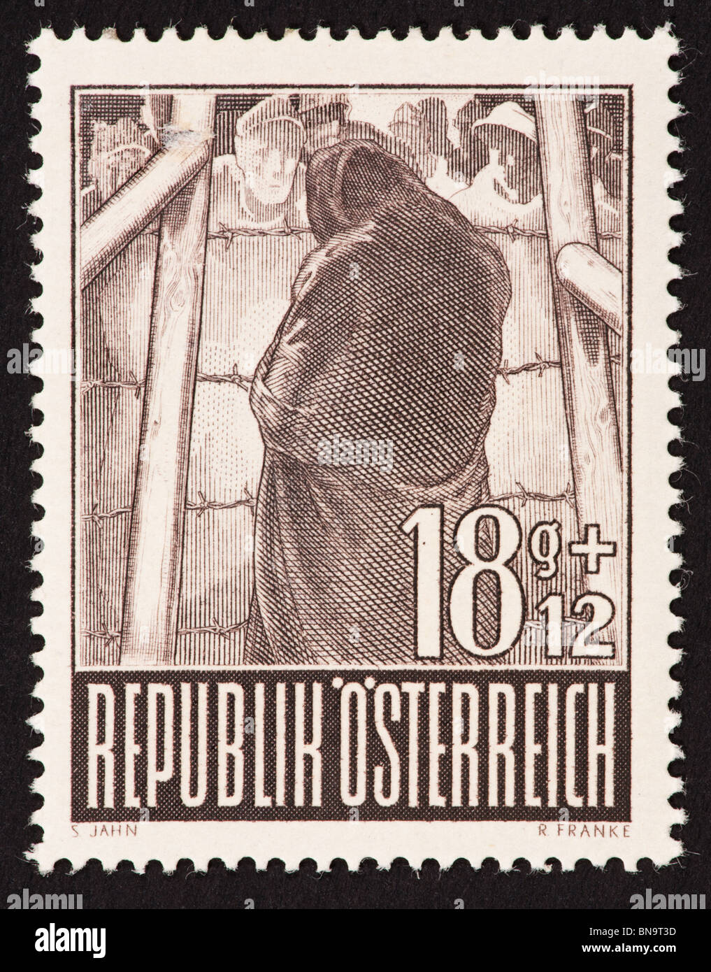 Postage stamp from Austria depicting a prison camp visitor Stock Photo