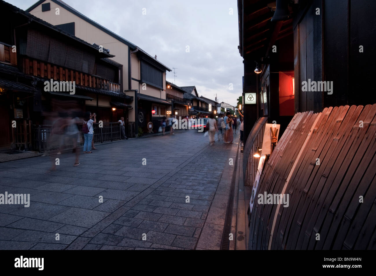 The streets of Gion - Kyoto's most famous geisha quarter - at summer dusk. Stock Photo