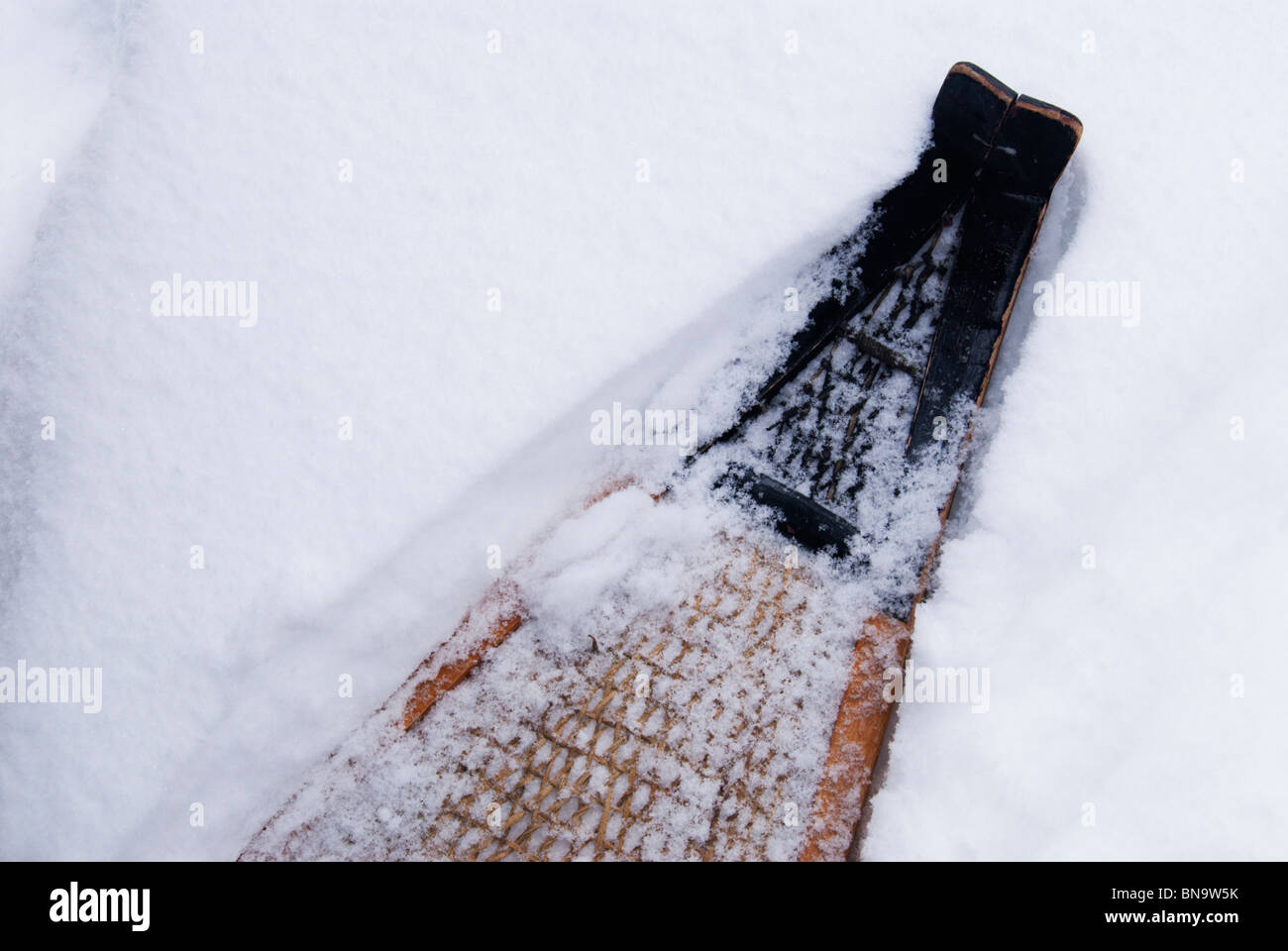 The tips of a pair of traditional pointed snowshoes visible in fresh powder snow in winter in Ontario. Stock Photo