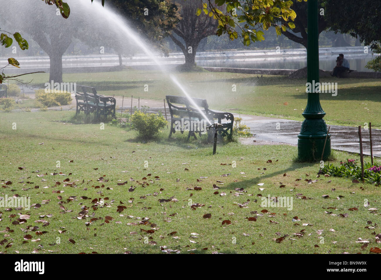 Water sprinklers at Victoria Memorial gardens in Kolkata (Calcutta