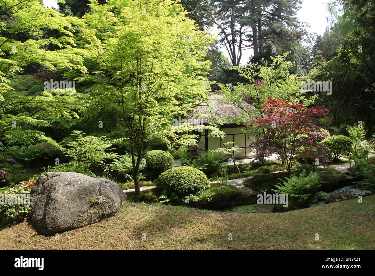 Estate of Tatton Park, England. The thatched tea house of the Japanese Garden Shinto Shrine and Tea House garden of Tatton Park. Stock Photo