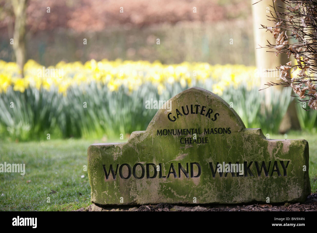 Walkden Gardens, Sale, England. Walkden Gardens woodland walkway sign