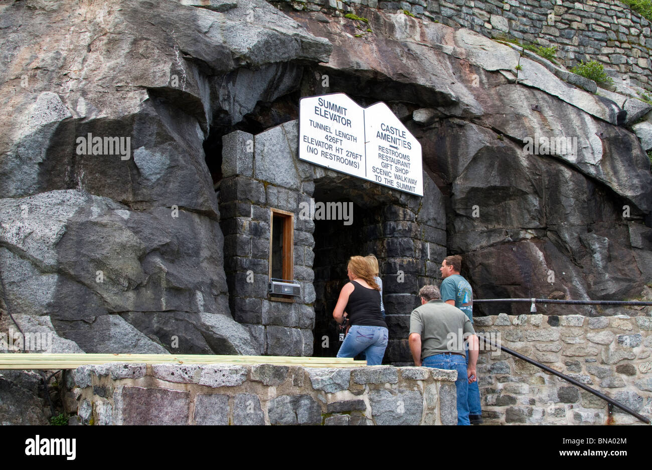 Tourists on Whiteface Mountain entering the elevator tunnel entrance. Stock Photo