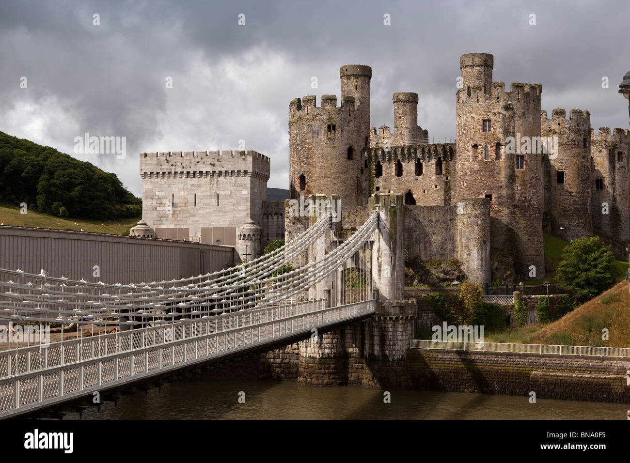 Wales, Gwynedd, Conway Castle, with Telford and Stephenson’s bridges Stock Photo