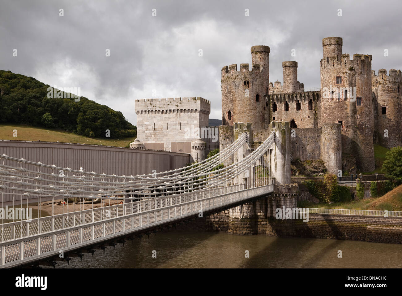 Wales, Gwynedd, Conway Castle, with Telford and Stephenson’s bridges Stock Photo