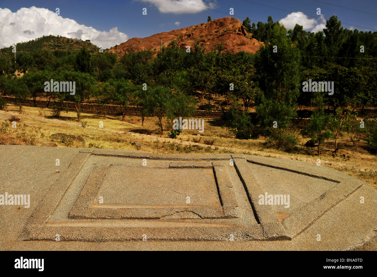 Axum Northern Stelae Park collapsed stele with the ark of covenant carved on it Stock Photo