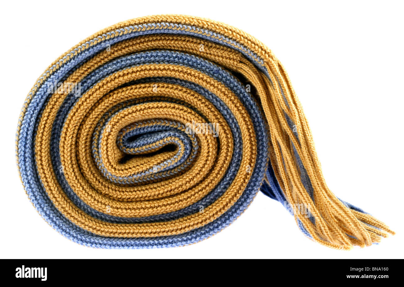 Striped rolled scarf with fringe isolated on white Stock Photo