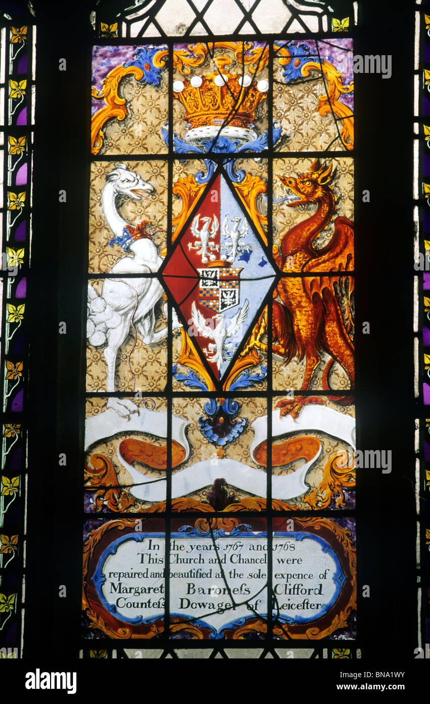 Stained Glass window, heraldic by William Peckitt 1769, Holkham Church, Norfolk England UK English windows heraldry 18th century Stock Photo