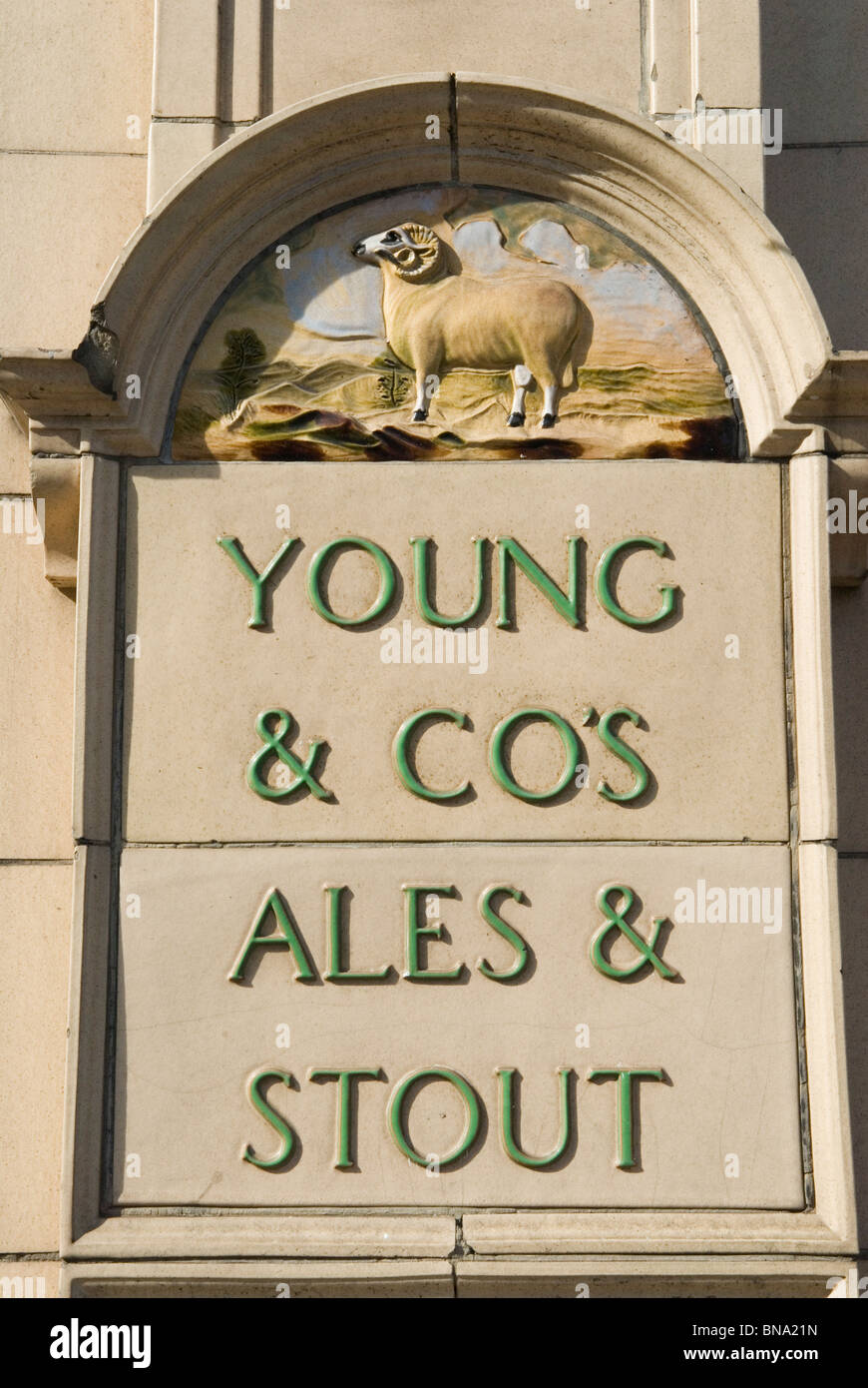 Young's Young Brewery Ceramic tiles on exterior wall of The Brewery Tap public house Wandsworth High Street. South West London UK 2010s, 2010 HOMER SYKES Stock Photo