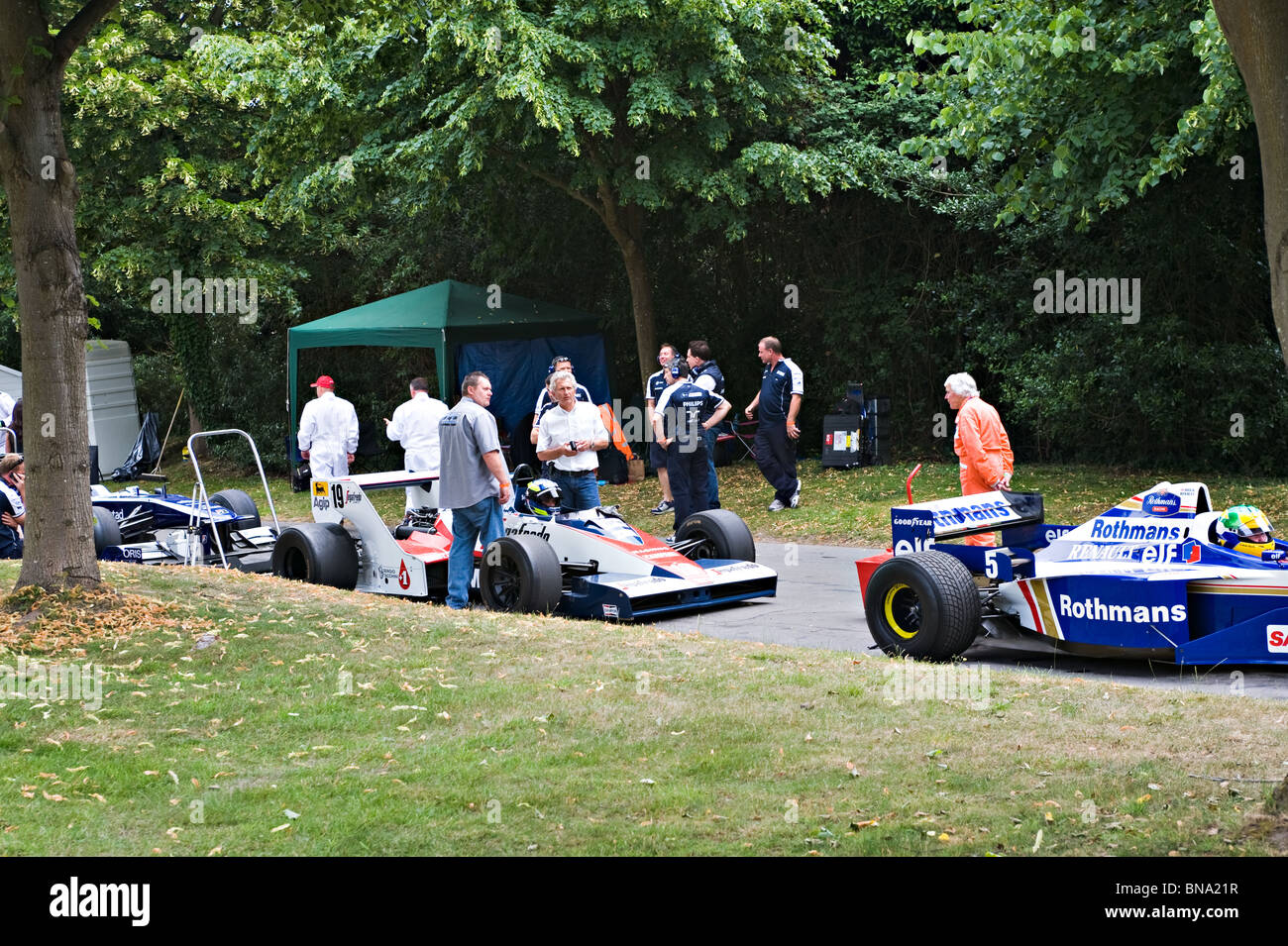 Williams-Renault FW18 and Toleman-Hart TG183B Formula One Racing Cars at Goodwood Festival of Speed West Sussex England UK Stock Photo