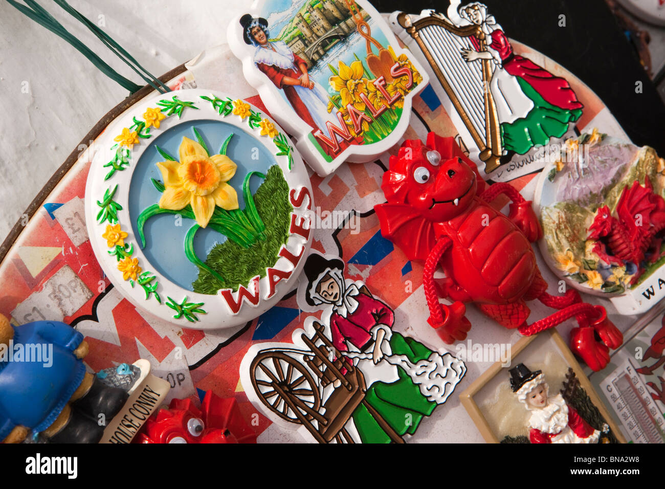 UK, Wales, Gwynedd, Conway, cheap plastic Welsh souvenirs for sale