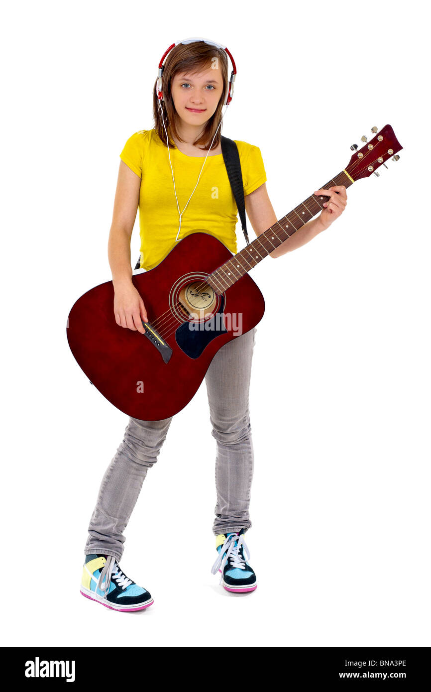 Teenager plays the guitar and wearing headphones Stock Photo Alamy