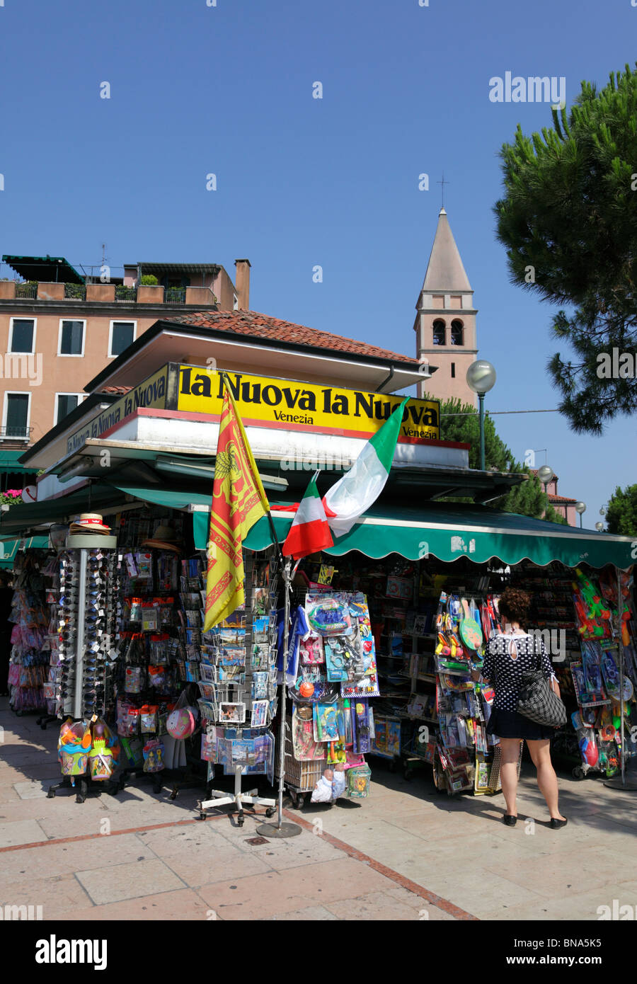 Popular tourist news agent selling beach and holiday related goods on Gran Viale Santa Maria Elisabetta Lido Island Venice Italy Stock Photo