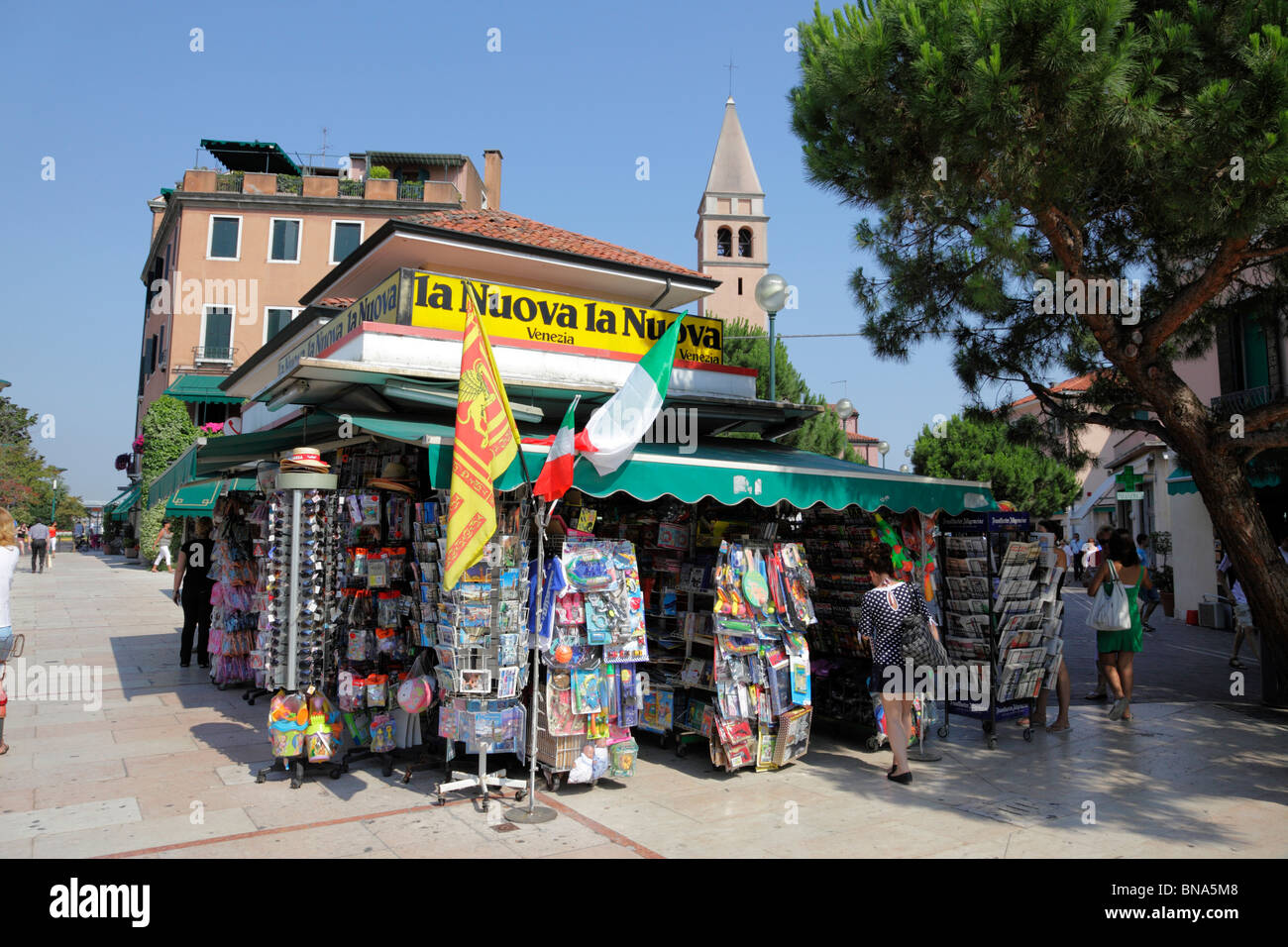 Popular tourist news agent selling beach and holiday related goods on Gran Viale Santa Maria Elisabetta Lido Island Venice Italy Stock Photo