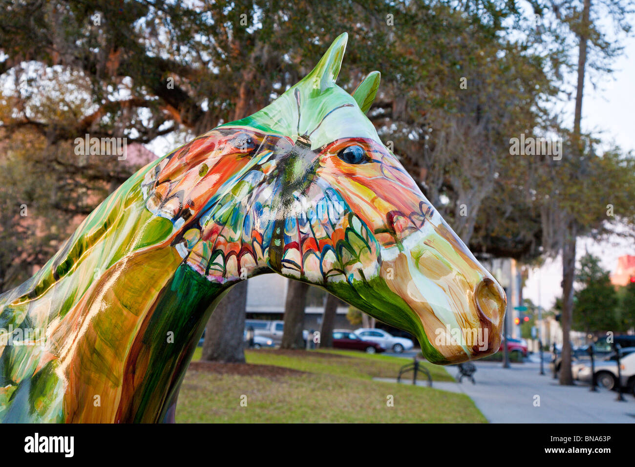 Ocala, FL Mar 2009 Brightly painted head of horse sculpture on the