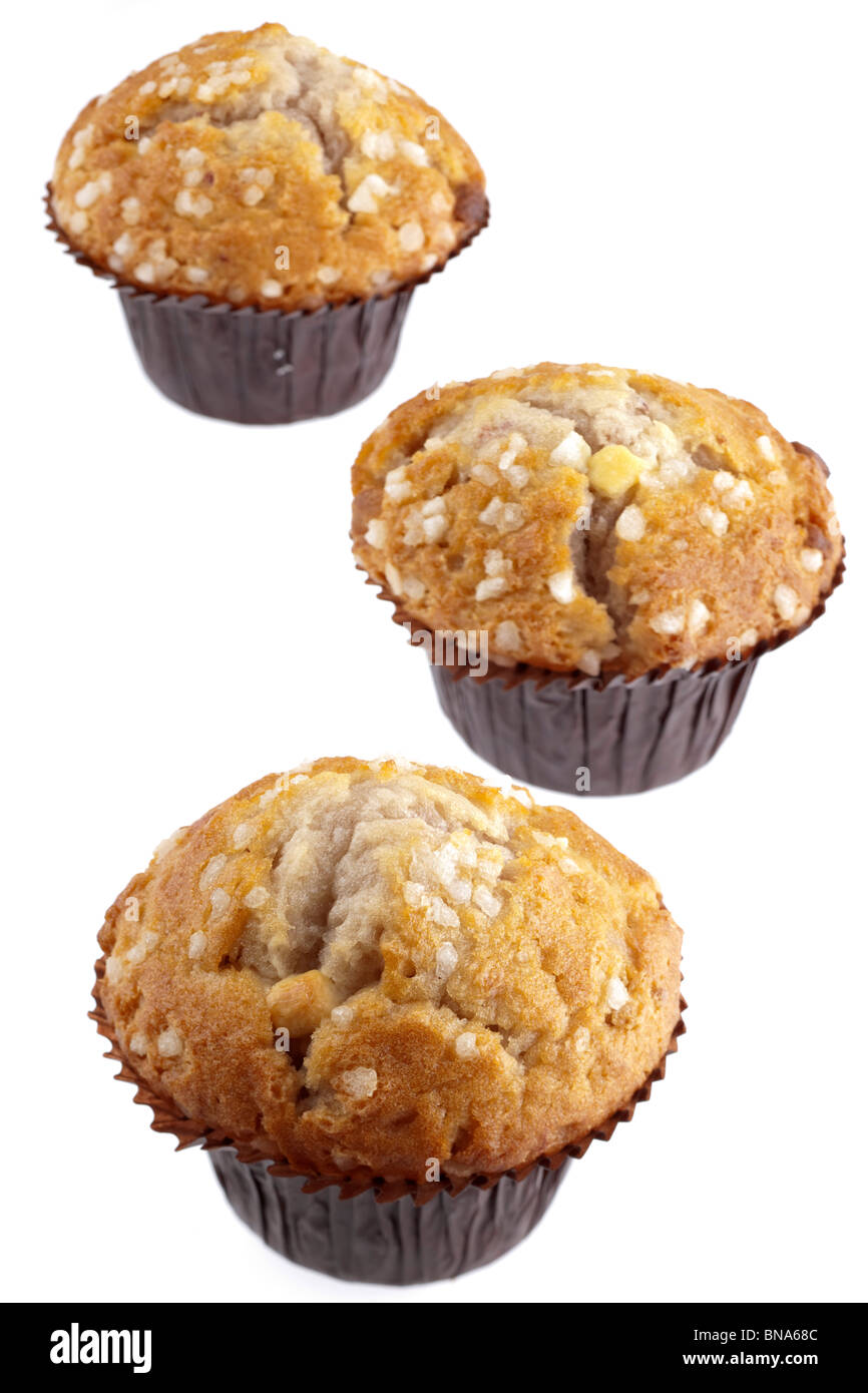 Three white chocolate muffins Stock Photo